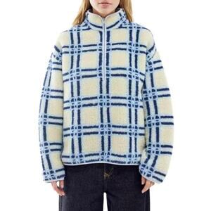 NEW BDG Urban Outfitters Ecru Blue Check Preppy Print Fleece Quarter Zip Sweater
